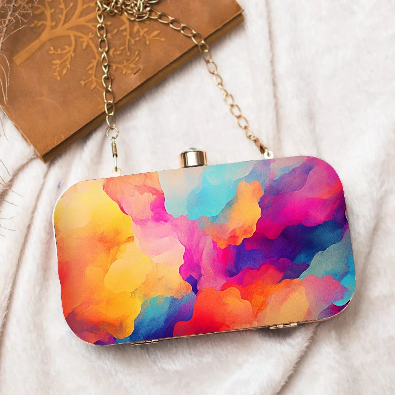 Leather Clutch with Chain Strap in Black for Cocktail PartiesMulticolour Flow Art Printed Clutch