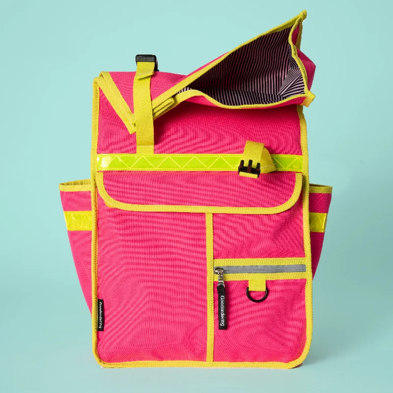 Women's Backpacks with Reflective Trim in Yellow for Nighttime VisibilityNeon pink rolltop backpack pannier bike bag