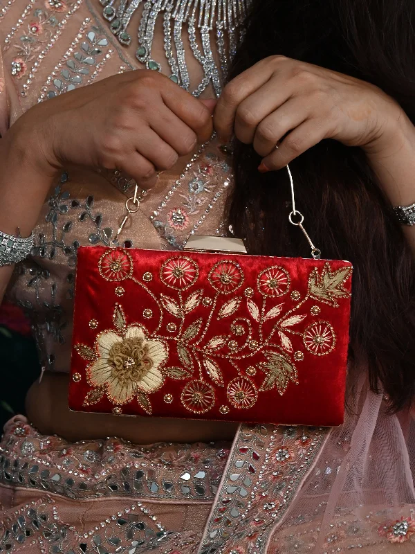 Women's Glittery Clutch in Blue for Disco - Themed EventsOdette Red and Gold Floral Embroidered Clutch for Women