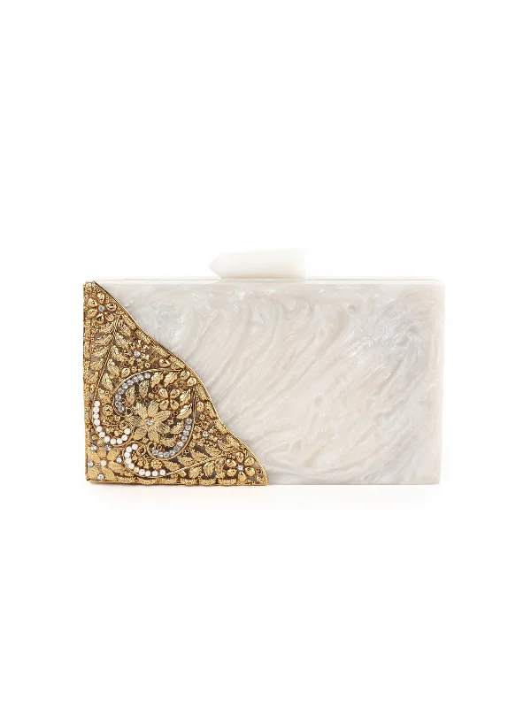 Women's Faux Fur Clutch in White for Winter BallsOdette White And Gold Resin Box Clutch Bag For Women