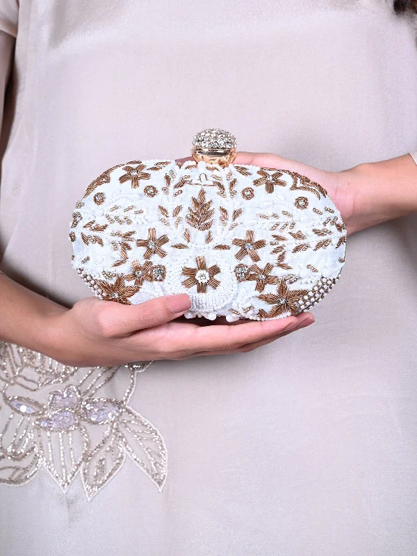 Women's Faux Fur Clutch in White for Winter BallsOdette White Embroidered Clutch Bag For Women