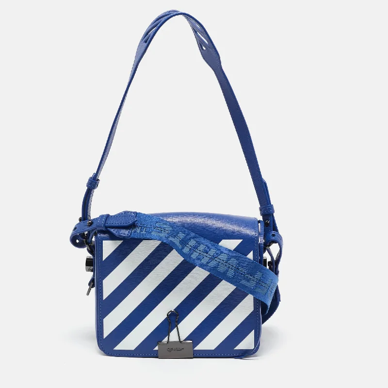 Women's Crossbody Bag with Zippered Pocket on the Back in Red for SecurityOff-White Blue/white Diagonal Print Leather Binder Clip Crossbody Bag