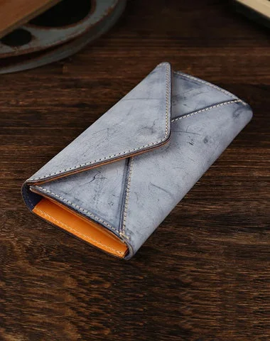 Leather - Trimmed Women's Wallet in Navy with a Checkered Pattern for a Classic TouchHandmade Leather Mens Gray Envelope Long Wallet Blue Long Wallet Clutch Bag For Men