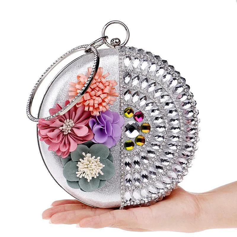 Floral - Printed Satin Clutch in Pink for Spring GalasRound Women Rhinestones Beaded  Clutch Flower Diamonds Lady Evening Bag