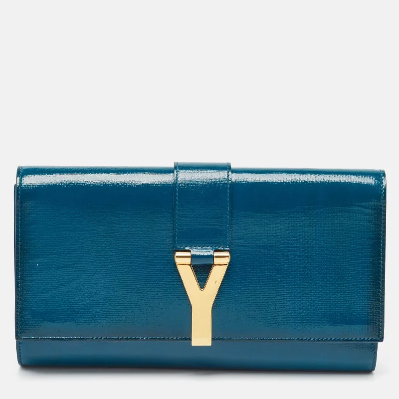 Women's Monogrammed Leather Clutch in Tan for Personalized StyleSaint Laurent Teal Green Patent Leather Y Line Clutch