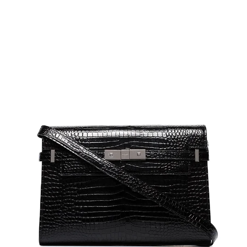 Crossbody Shoulder Bag in Black Leather with Gold Hardware for Night OutsManhattan Baguette Glossy Croc, Black/Silver