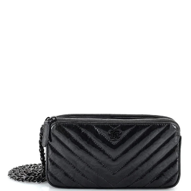 Women's Metallic Leather Clutch in Rose Gold for Valentine's DateSo Black Double Zip Clutch with Chain Chevron Crumpled Metallic Patent