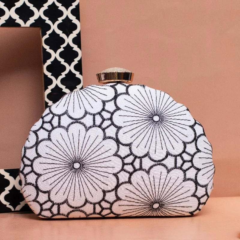 Mirrored Clutch in Silver for Futuristic - Themed GatheringsWhite And Grey Floral Embroidery Fabric Clutch