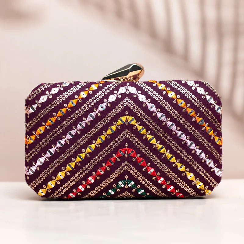 Women's Lizard - Print Clutch in Brown for a Chic LookWine Sequins Multicolour Embroidery Clutch