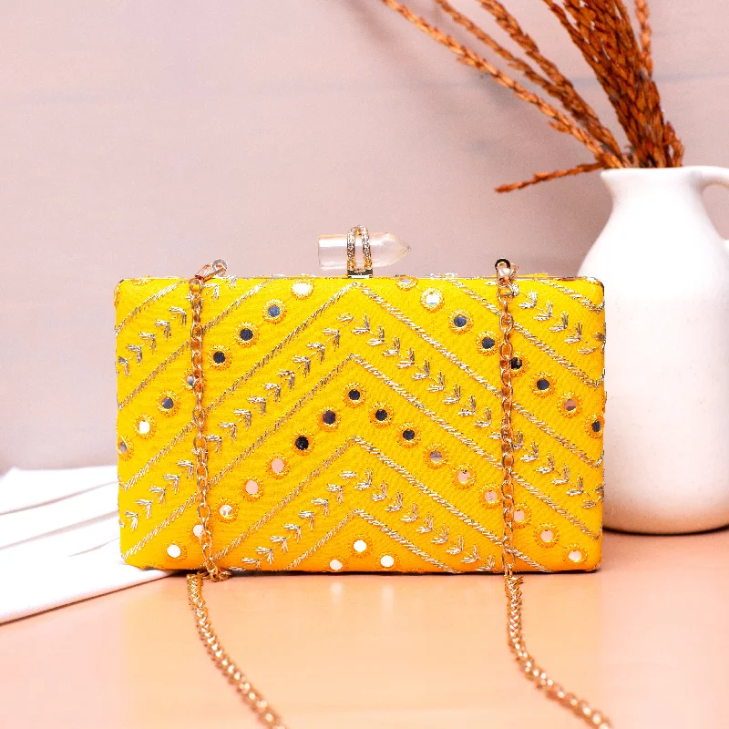 Floral - Printed Satin Clutch in Pink for Spring GalasYellow Sequins Embroidery Party Clutch