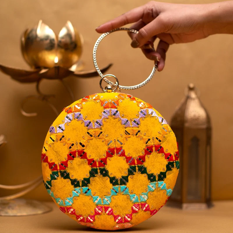 Women's Metallic Leather Clutch in Rose Gold for Valentine's DateYellow Multicoloured Round Embroidery Clutch