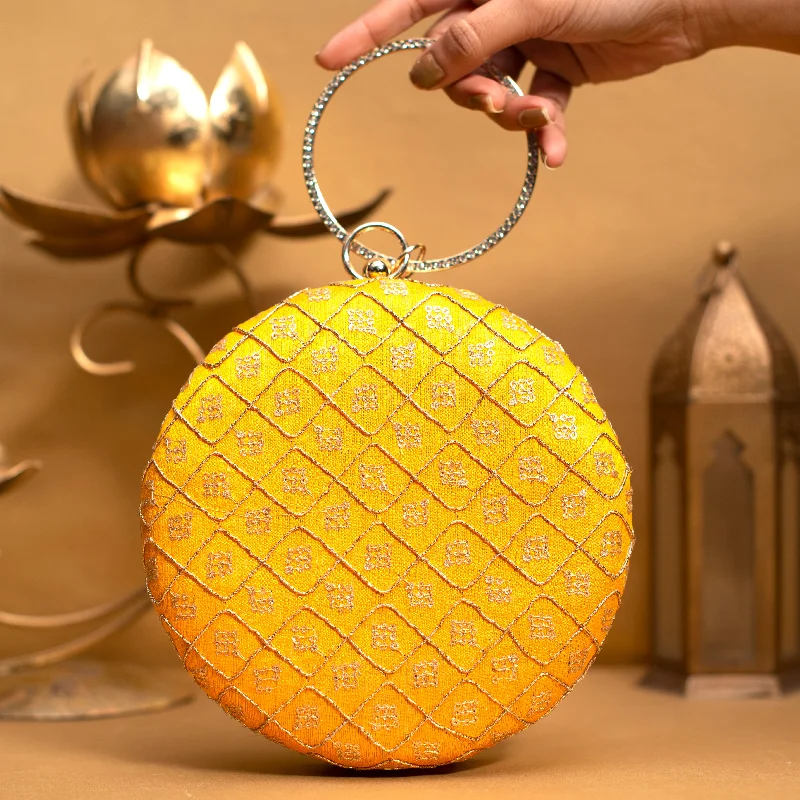 Snake - Skin Effect Clutch in Green for Exotic PartiesYellow Sequins Embroidery Round Clutch