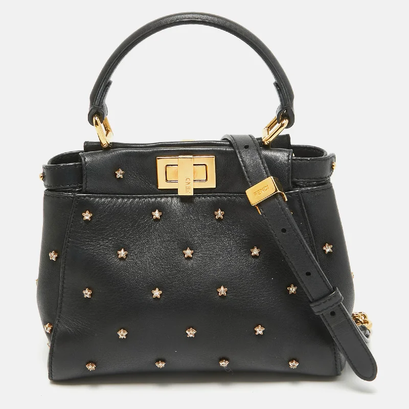 Magnetic Closure Women's Satchels in Grey for Easy AccessFendi Black Leather Extra Small Crystal Peekaboo Top Handle Bag