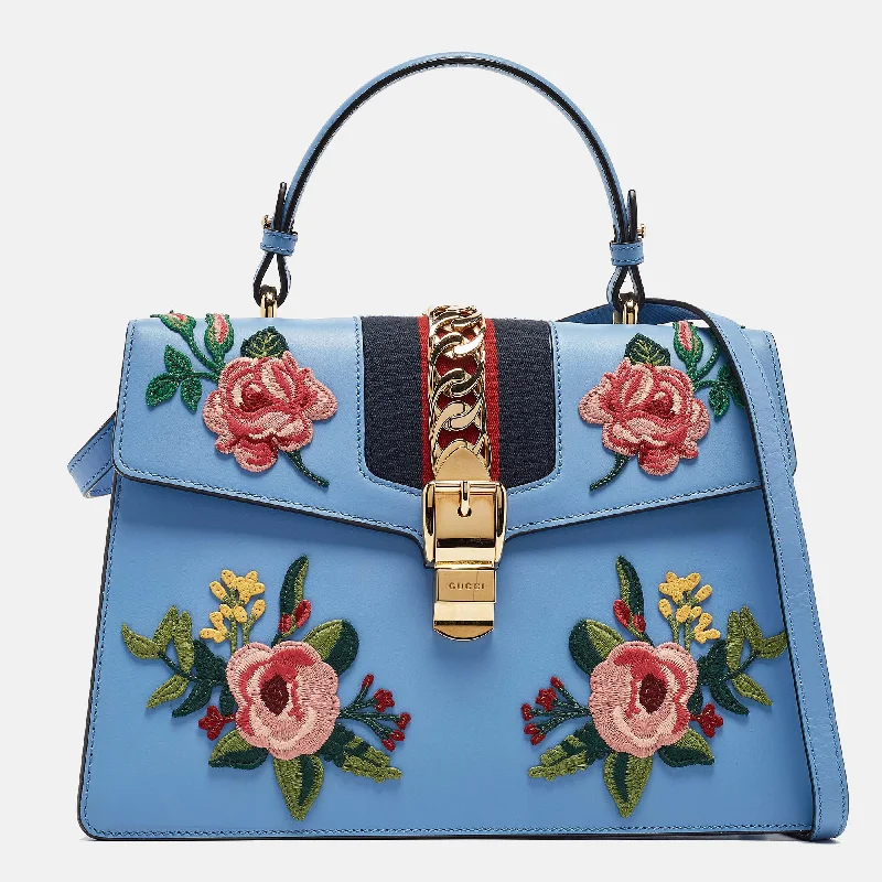 Embroidered Floral Women's Satchels in White for Spring and SummerGucci Blue Leather Medium Floral Embroidered Sylvie Top Handle Bag