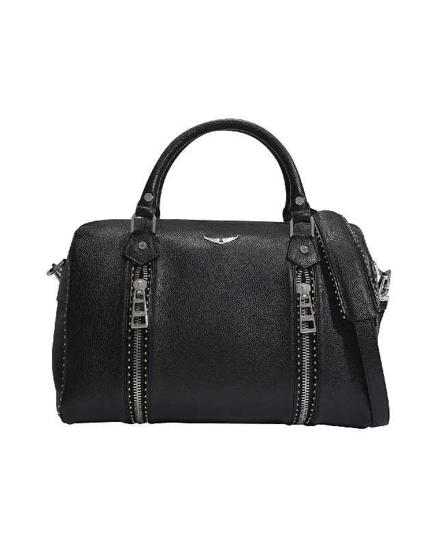 Laptop - Friendly Women's Satchels in Black and Grey for Working WomenMedium Sunny Bag in Black Grained Leather and Studs