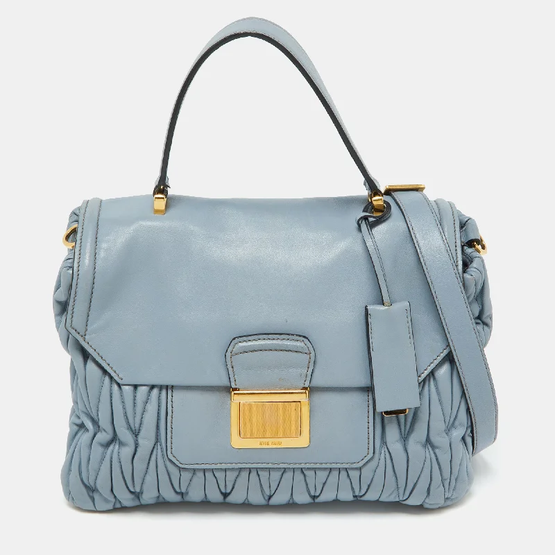 Retro - Style Women's Satchels in Mustard Yellow for Vintage LoversMiu Miu Light Blue Leather Matelassé Flap Top Handle Bag