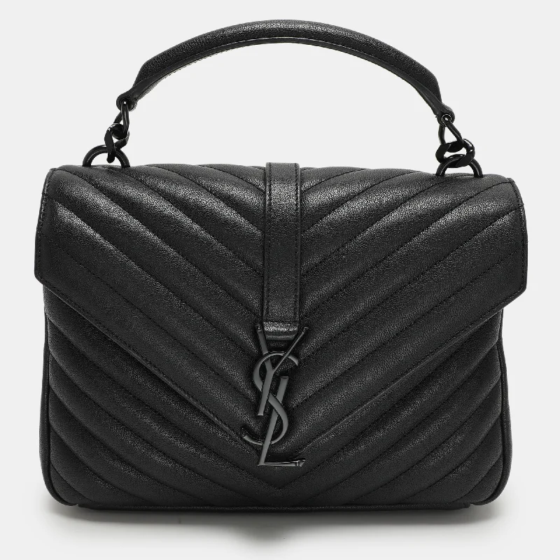 Chain - Strap Women's Satchels in Silver for a Glamorous Night - OutSaint Laurent Black Chevron Quilted Leather Medium College Top Handle Bag