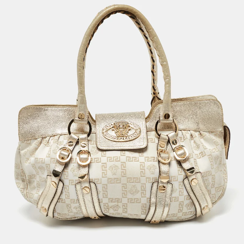 Water - Resistant Women's Satchels in Beige for Outdoor EnthusiastsVersace Beige/gold Signature Canvas And Leather Medussa Buckle Satchel